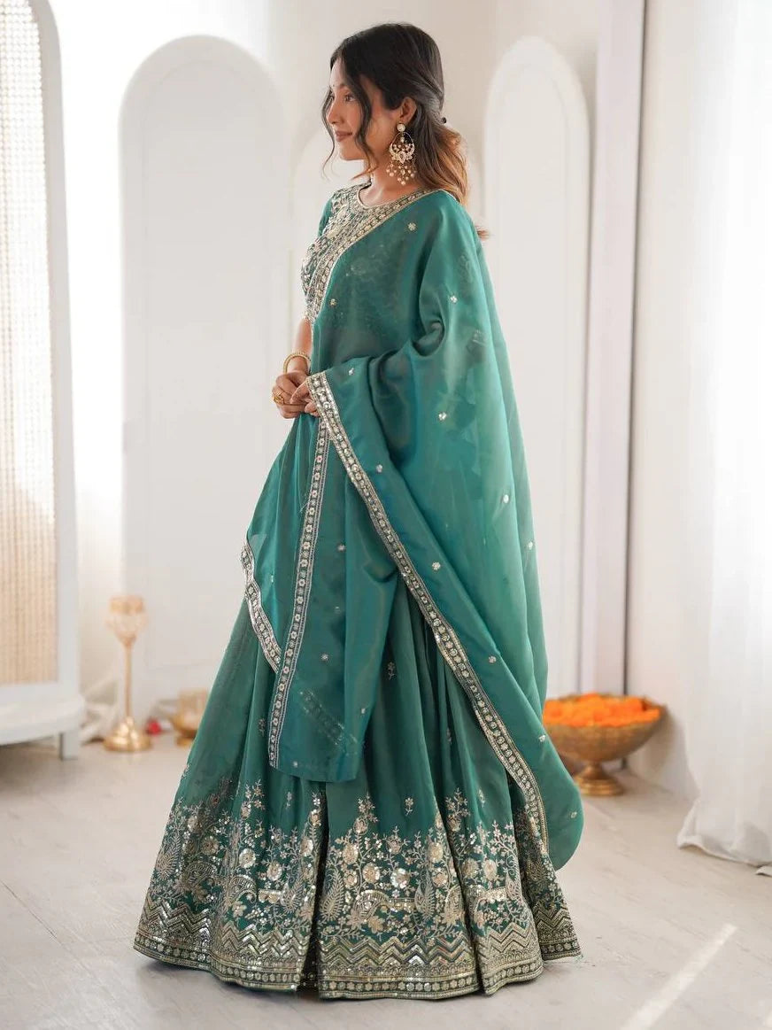 Terrific Sea Green Sequins Silk Mehendi Wear Lehenga Choli With Dupatta