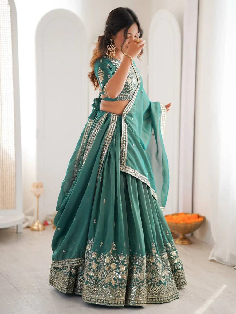 Terrific Sea Green Sequins Silk Mehendi Wear Lehenga Choli With Dupatta