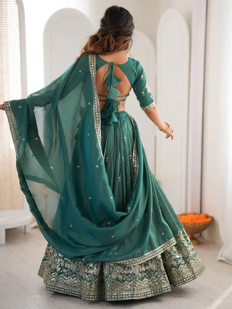Terrific Sea Green Sequins Silk Mehendi Wear Lehenga Choli With Dupatta