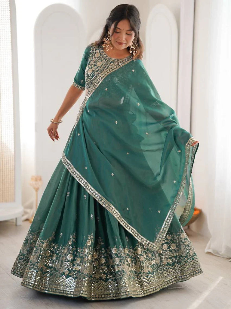 Terrific Sea Green Sequins Silk Mehendi Wear Lehenga Choli With Dupatta
