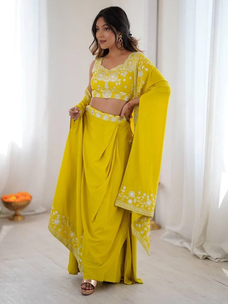 Stylish Yellow Sequins Crepe Indo-Western Drape Lehenga Set With Shrug