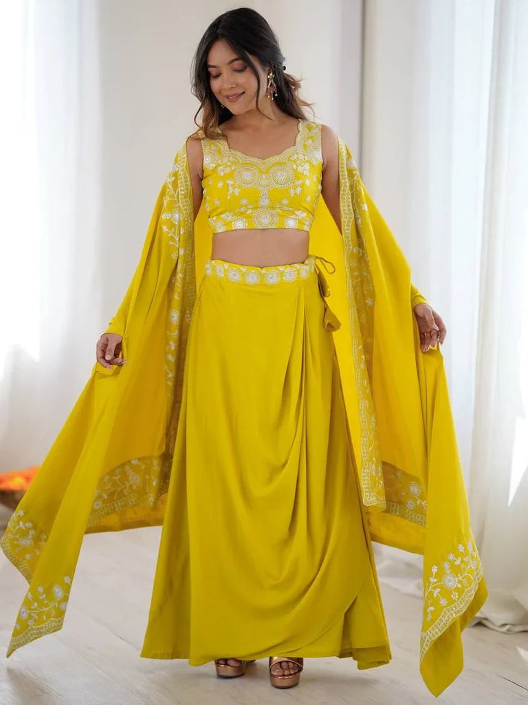Stylish Yellow Sequins Crepe Indo-Western Drape Lehenga Set With Shrug