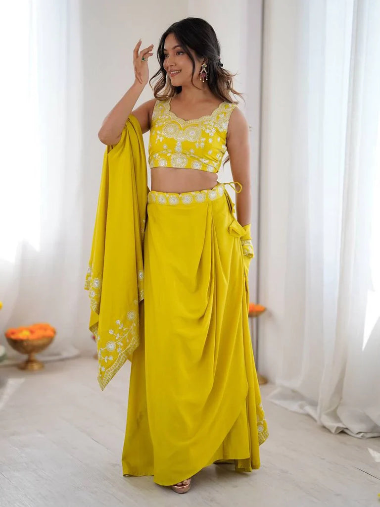 Stylish Yellow Sequins Crepe Indo-Western Drape Lehenga Set With Shrug