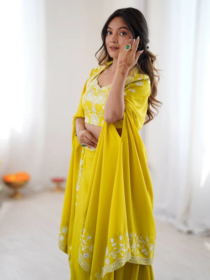Stylish Yellow Sequins Crepe Indo-Western Drape Lehenga Set With Shrug