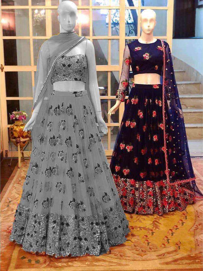Elegant grey and navy floral lehenga choli sets with embroidered dupattas, perfect for Indian ethnic occasions.