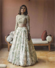 Sabyasachi White Floral Printed Organza Silk Bridal Lehenga Choli