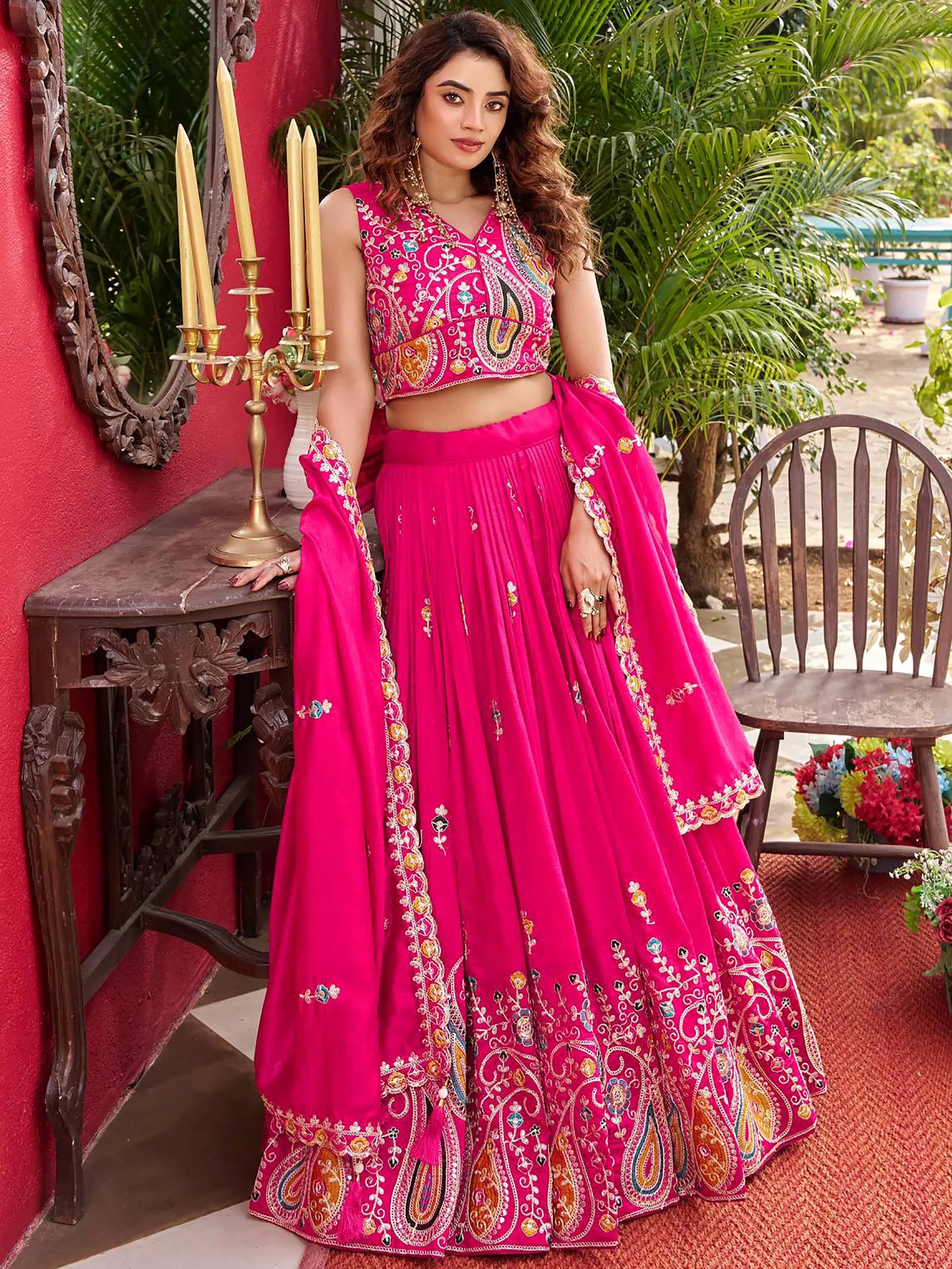 Awesome Pink Embroidered Silk Engagement Wear Lehenga Choli