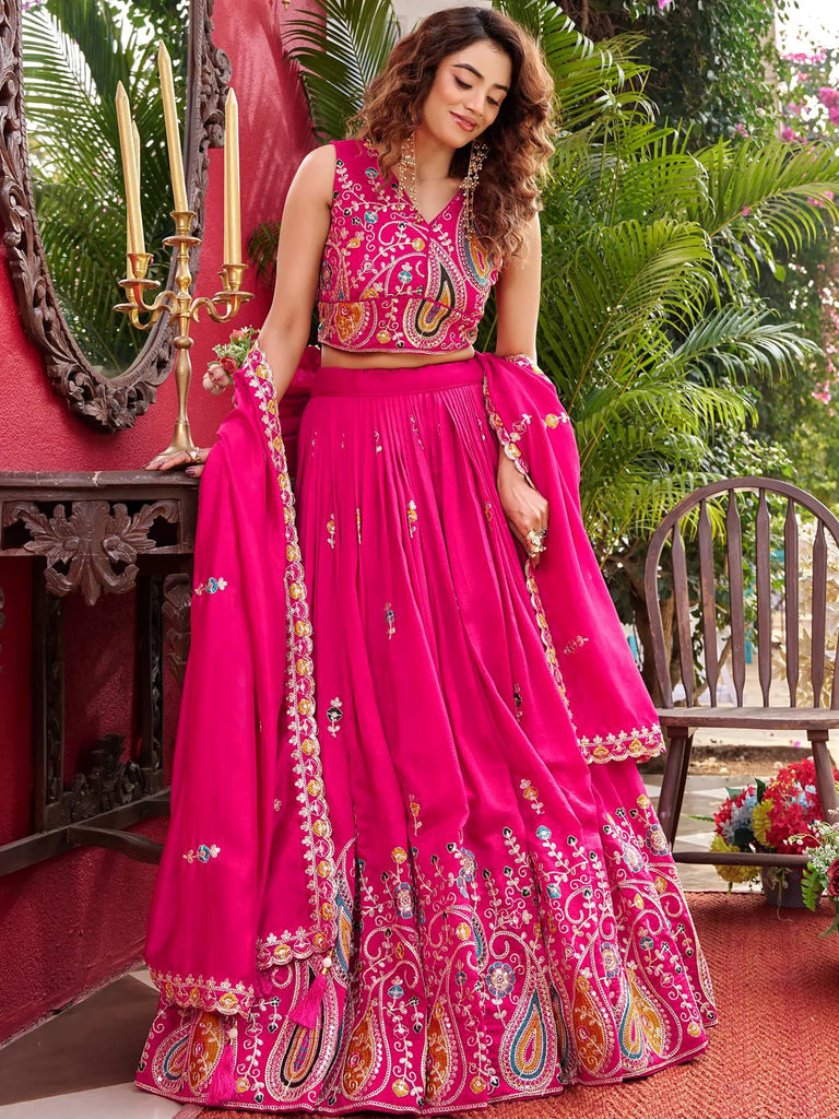 Awesome Pink Embroidered Silk Engagement Wear Lehenga Choli