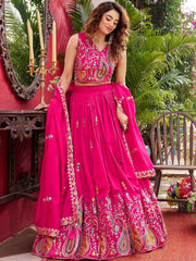 Awesome Pink Embroidered Silk Engagement Wear Lehenga Choli