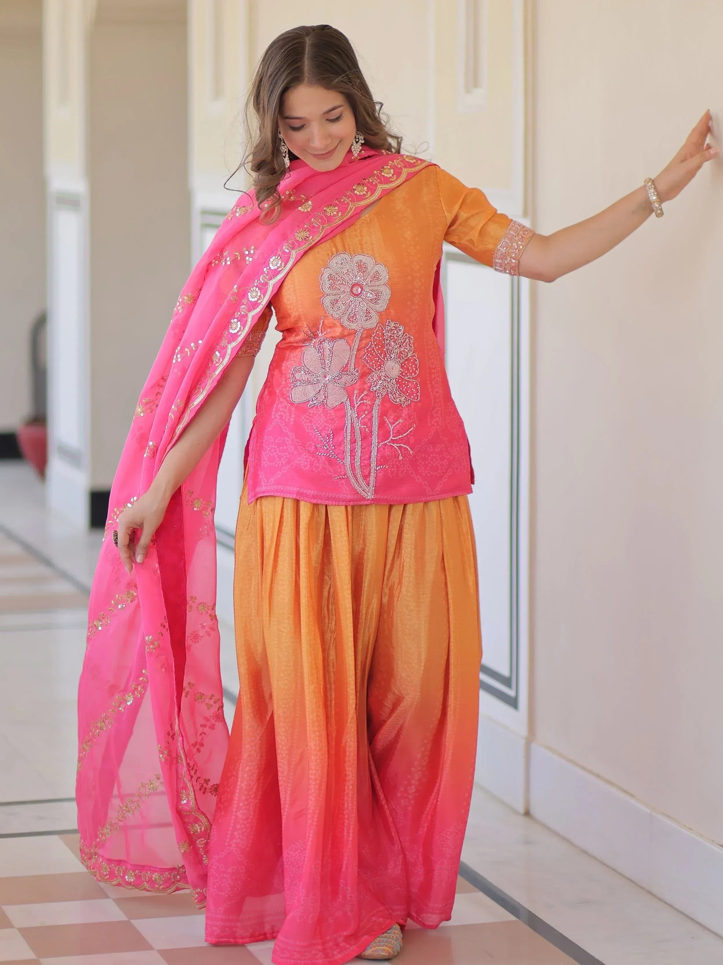 Orange and pink embroidered salwar kameez with floral design and matching dupatta, Indian ethnic wear