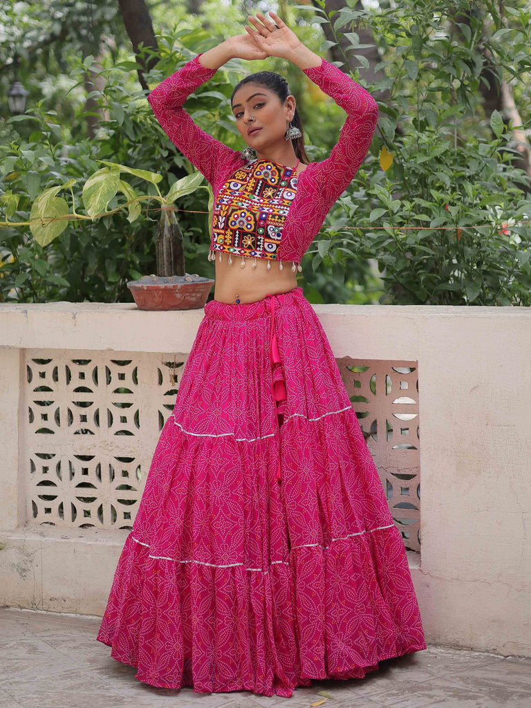 Charming Pink Georgette Gota Patti Work Crop Top Lehenga