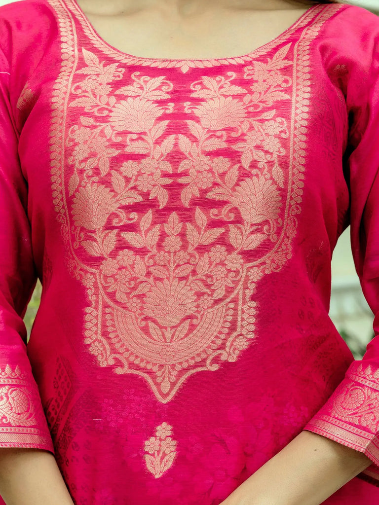 Beautiful Rani Pink Chanderi Zari Weaving Straight Suit With Dupatta