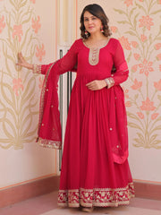 Alluring Pink Georgette Embroidered Traditional Gown With Dupatta