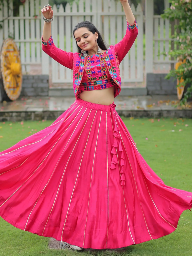 Regal Pink Kutchi Work Silk Festival Wear Lehenga Choli With Koti