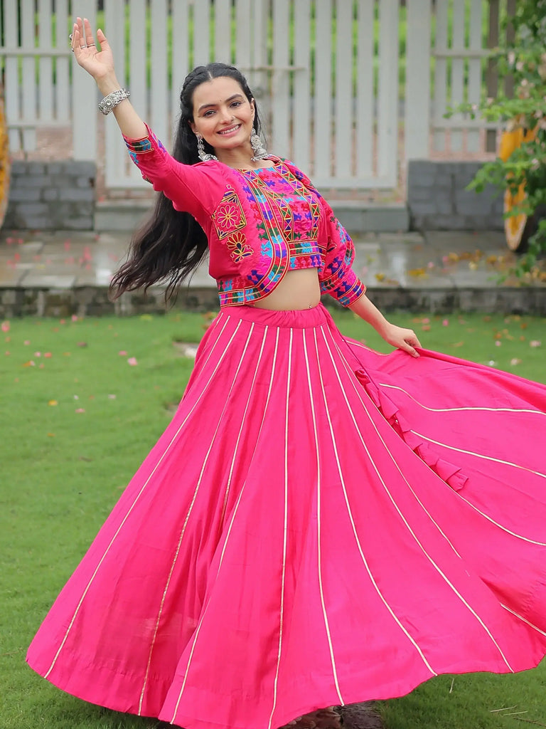 Regal Pink Kutchi Work Silk Festival Wear Lehenga Choli With Koti