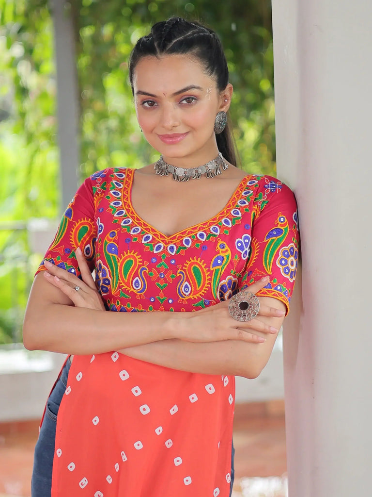 Attractive Pink Bandhani Print Rayon Traditional Nayra Cut Kurti