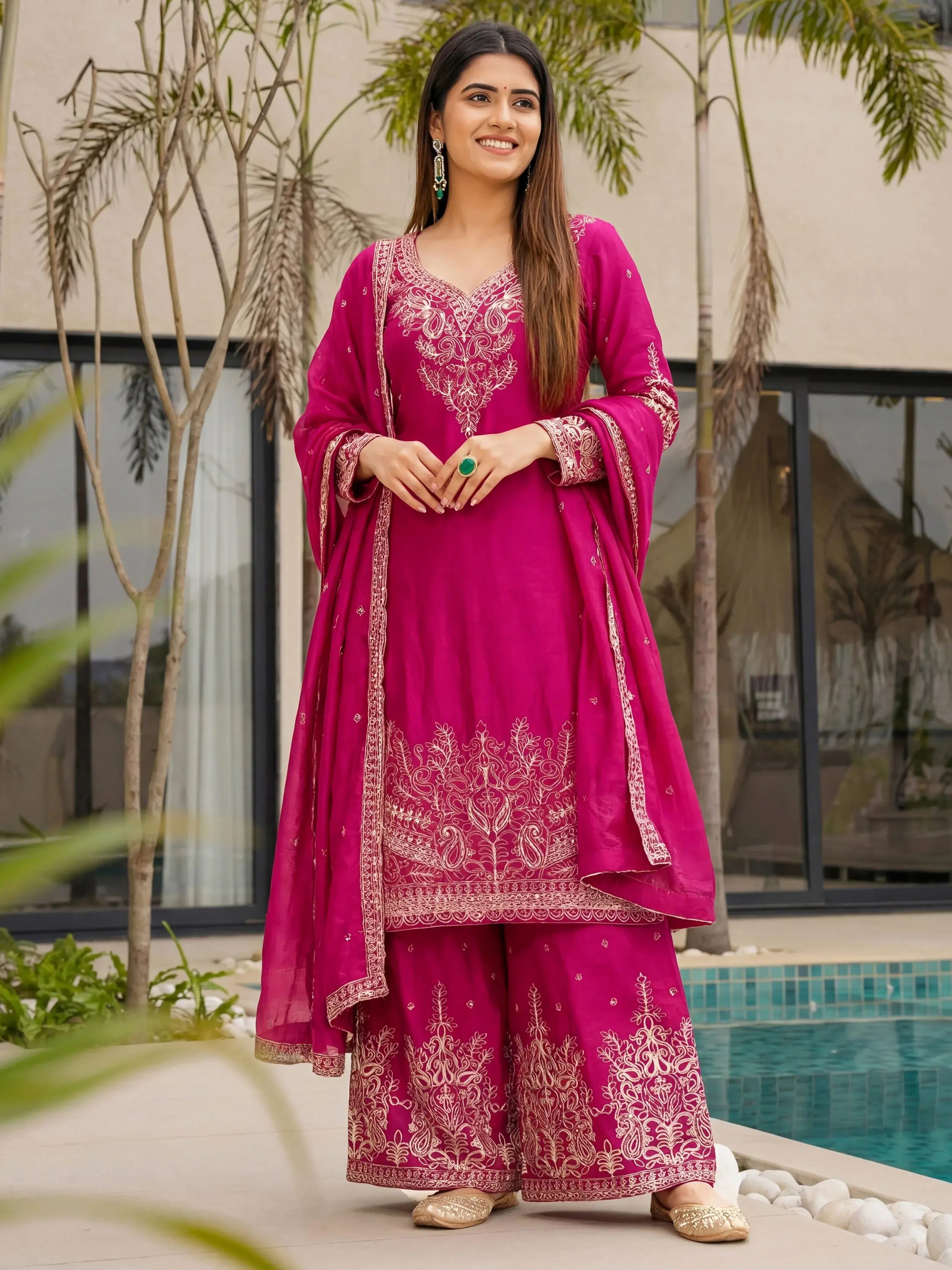 Outstanding Pink Embroidered Chinon Wedding Wear Palazzo Suit