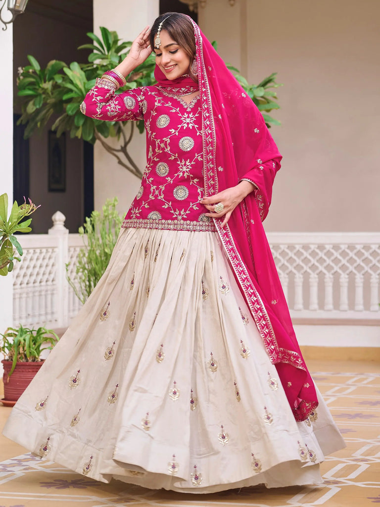Stunning Pink Thread Embroidered Chinon Lehenga With Long Choli