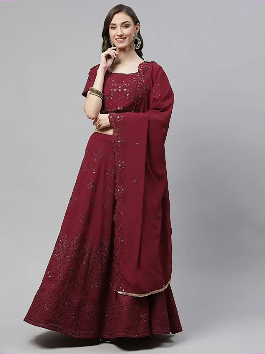 Brilliant Dark Pink Georgette Sequins Lehenga Choli With Dupatta