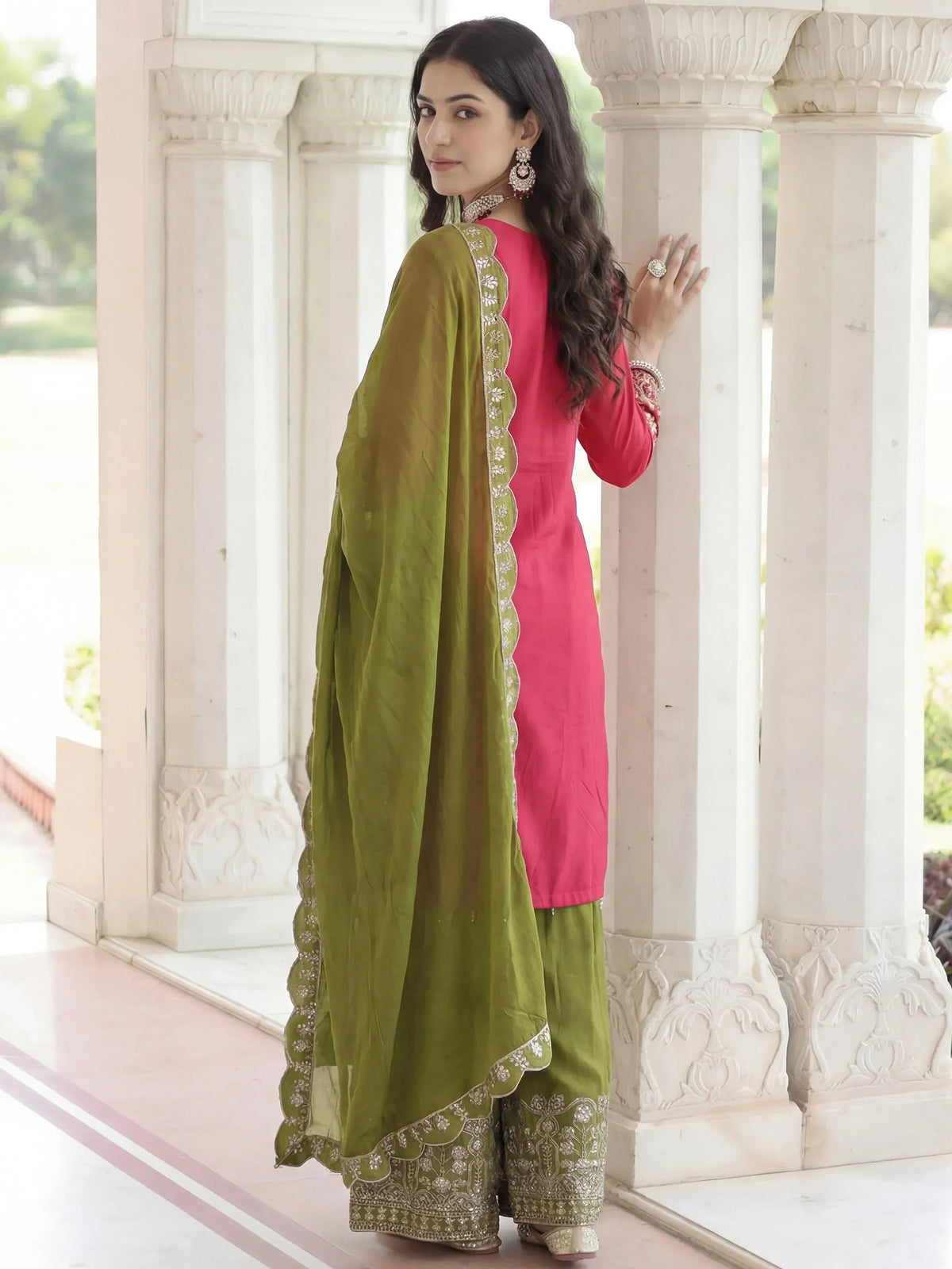 Pink and green Indian ethnic salwar kameez with embroidered dupatta, perfect for festive occasions