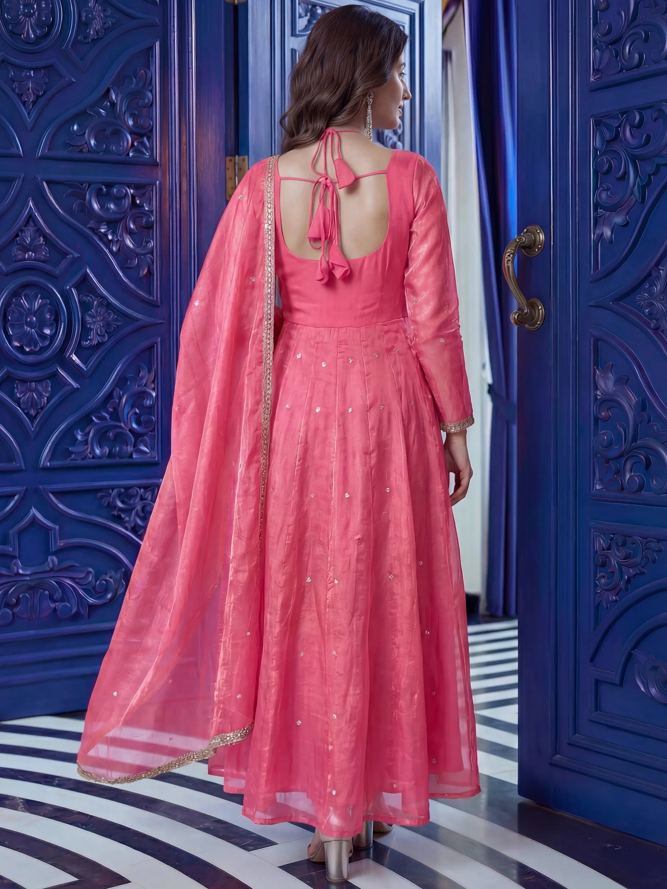 Incredible Pink Sequins Silk Festival Anarkali Gown With Dupatta