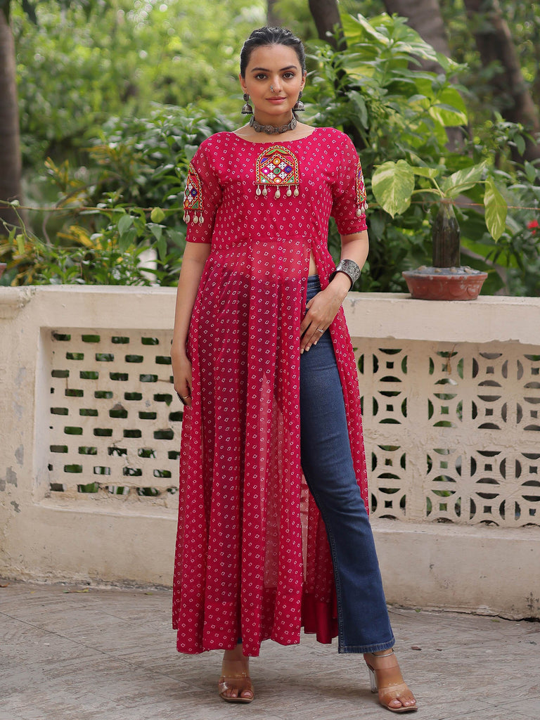 Feminine Pink Georgette Kutchi Work Festival Wear Slitted Kurti