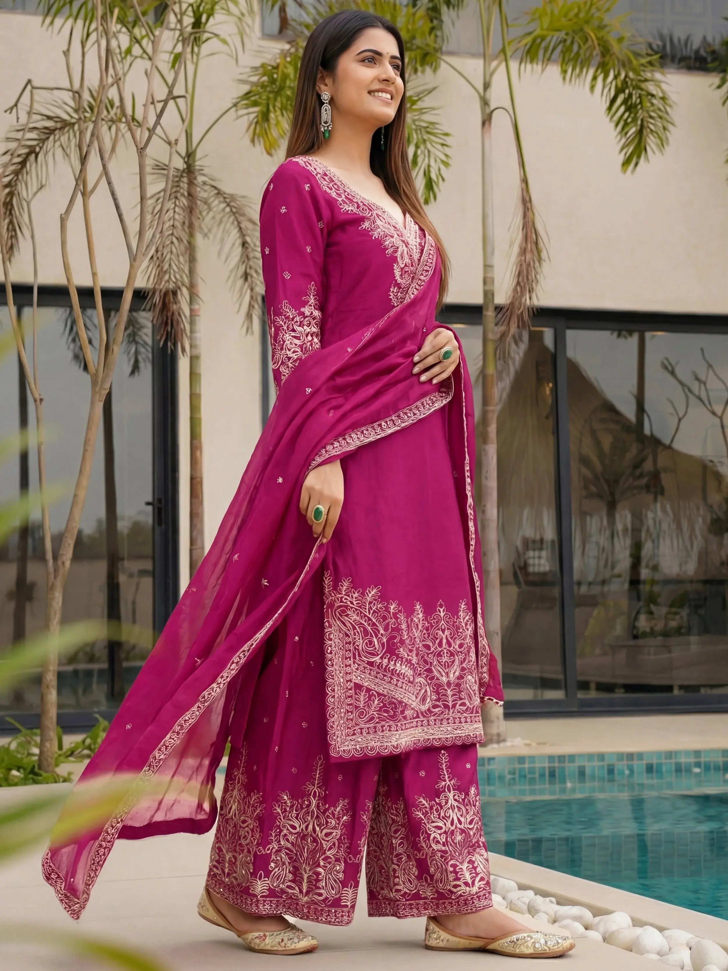 Outstanding Pink Embroidered Chinon Wedding Wear Palazzo Suit