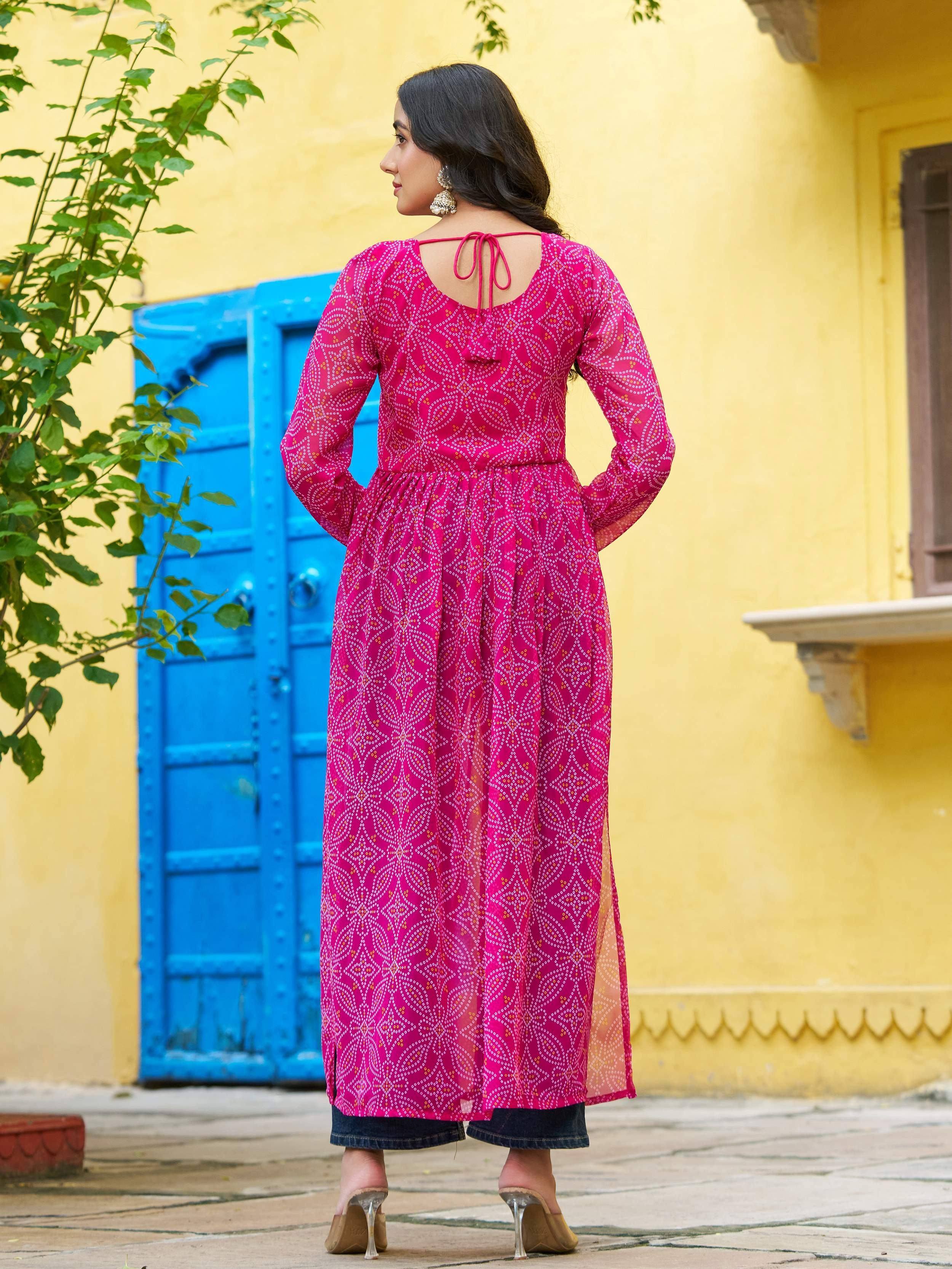 Pink printed ethnic kurta with back tie, paired with jeans, perfect for Indian wear