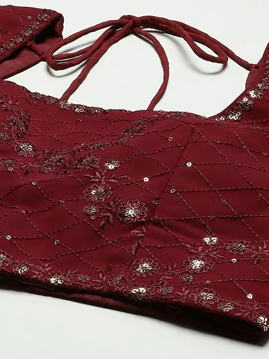 Maroon embroidered blouse with sequin floral detailing and tie-back design