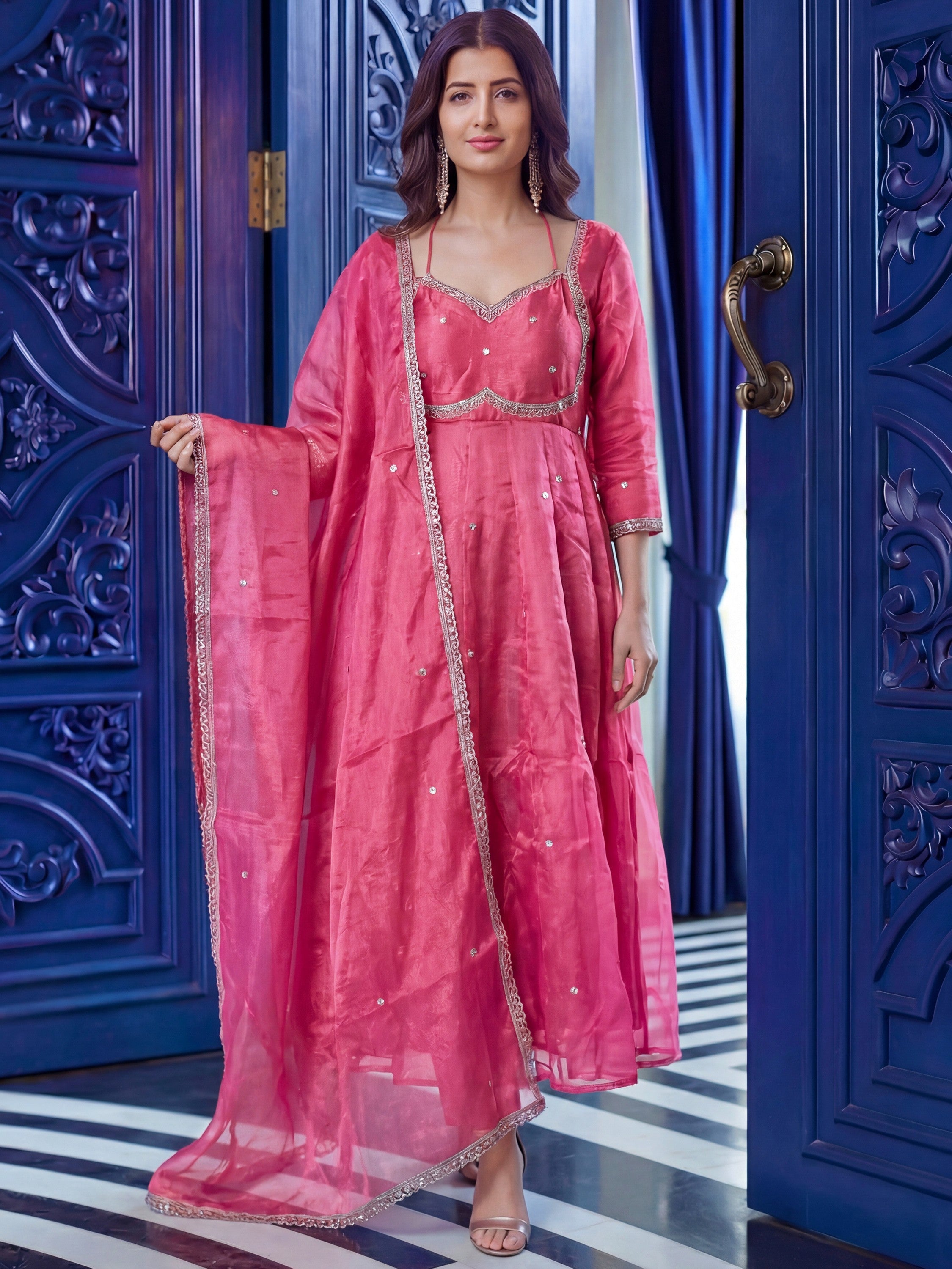 Incredible Pink Sequins Silk Festival Anarkali Gown With Dupatta