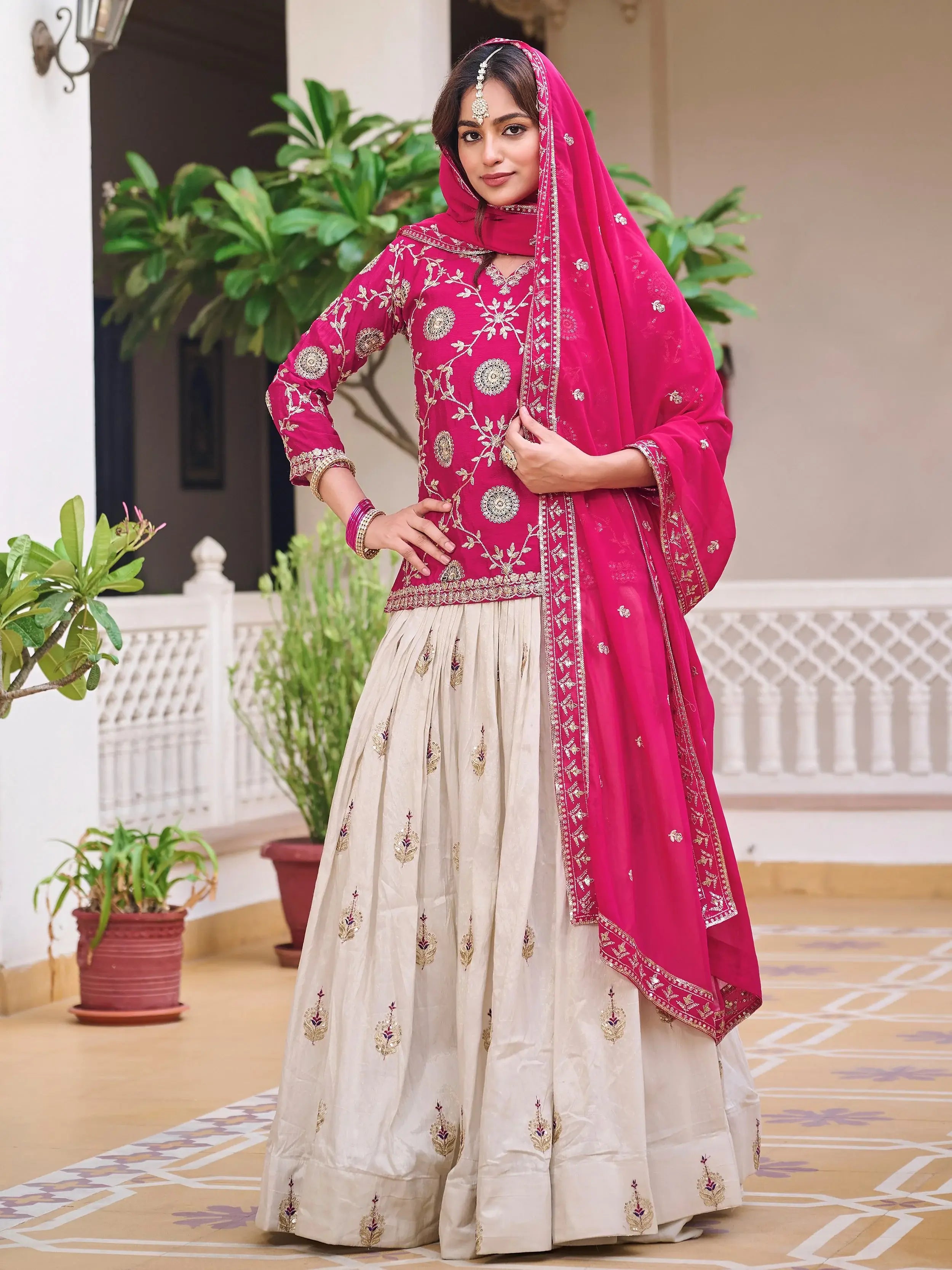 Stunning Pink Thread Embroidered Chinon Lehenga With Long Choli