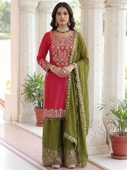 Wonderful Pink Embroidered Chinon Wedding Wear Palazzo Suit