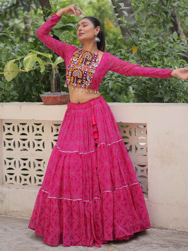Charming Pink Georgette Gota Patti Work Crop Top Lehenga