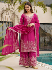 Outstanding Pink Embroidered Chinon Wedding Wear Palazzo Suit