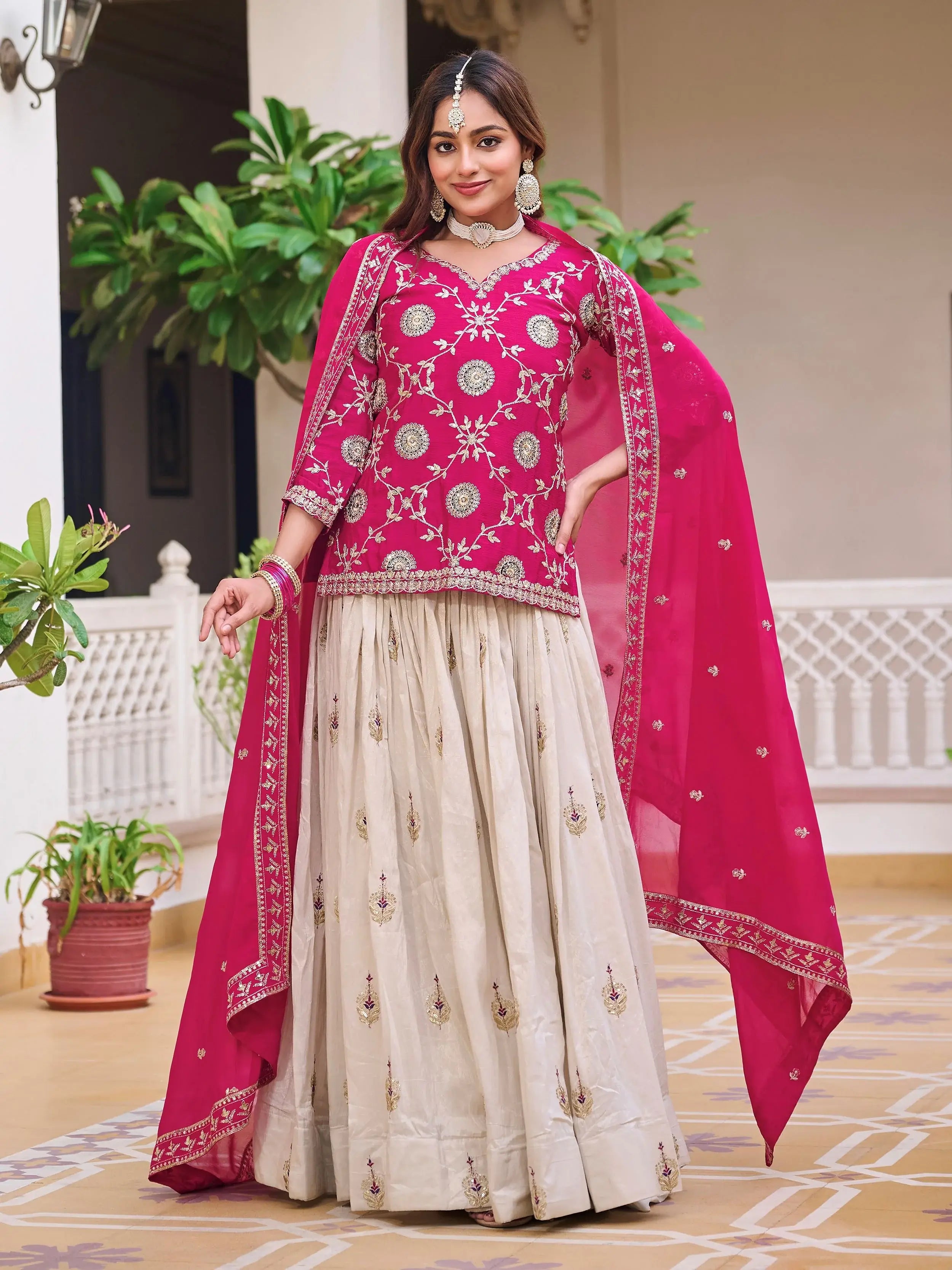 Stunning Pink Thread Embroidered Chinon Lehenga With Long Choli