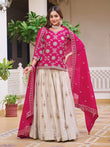 Stunning Pink Thread Embroidered Chinon Lehenga With Long Choli