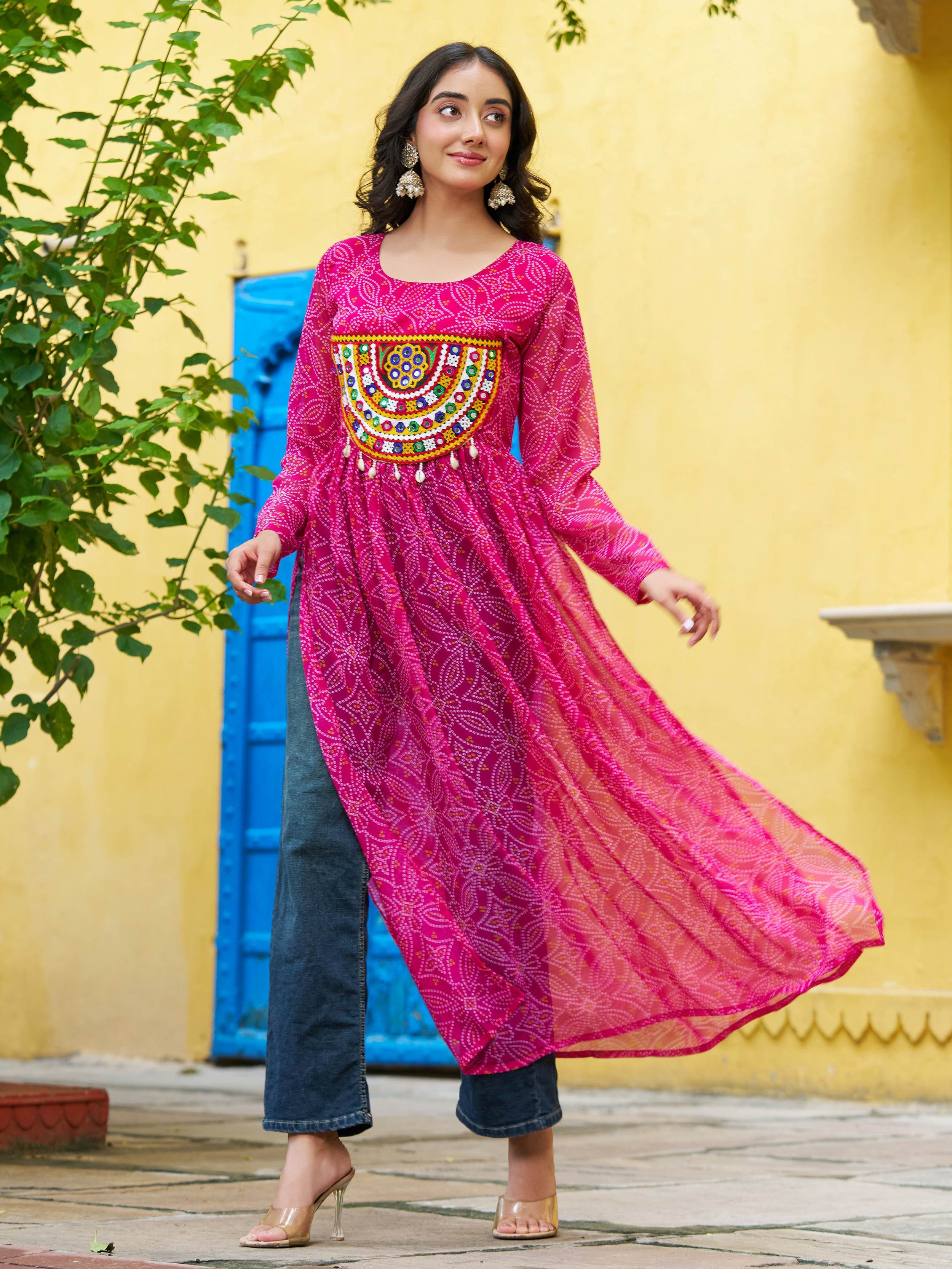 Wonderful Pink Georgette Kutchi Work Navratri Wear Kurti