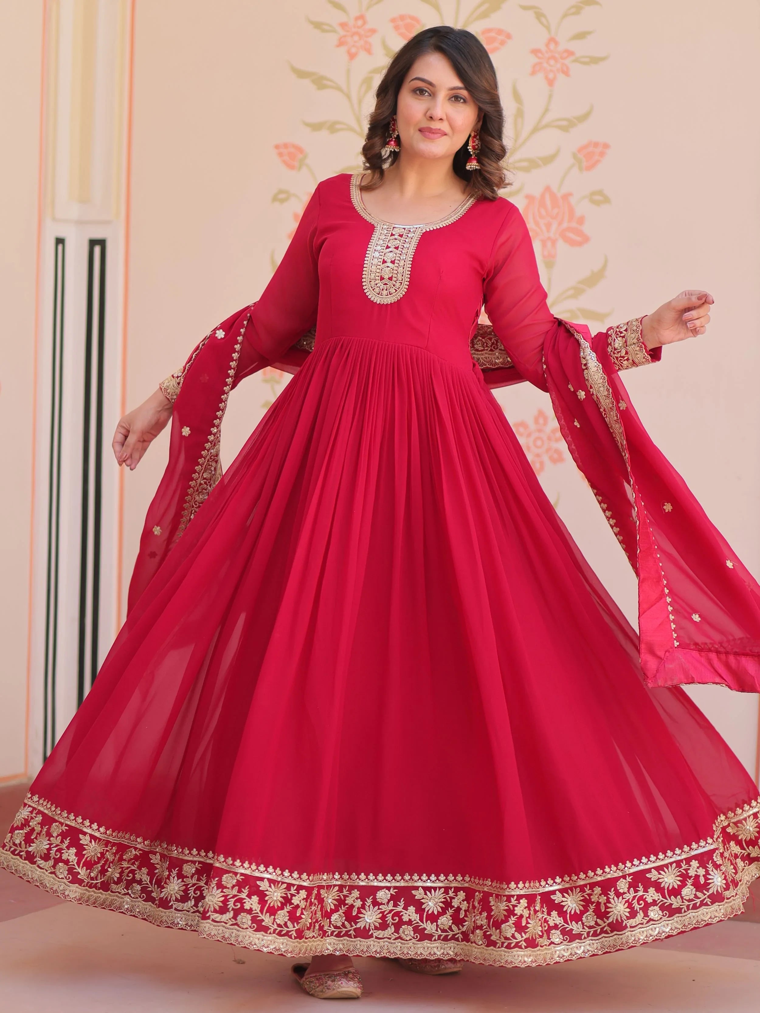 Alluring Pink Georgette Embroidered Traditional Gown With Dupatta