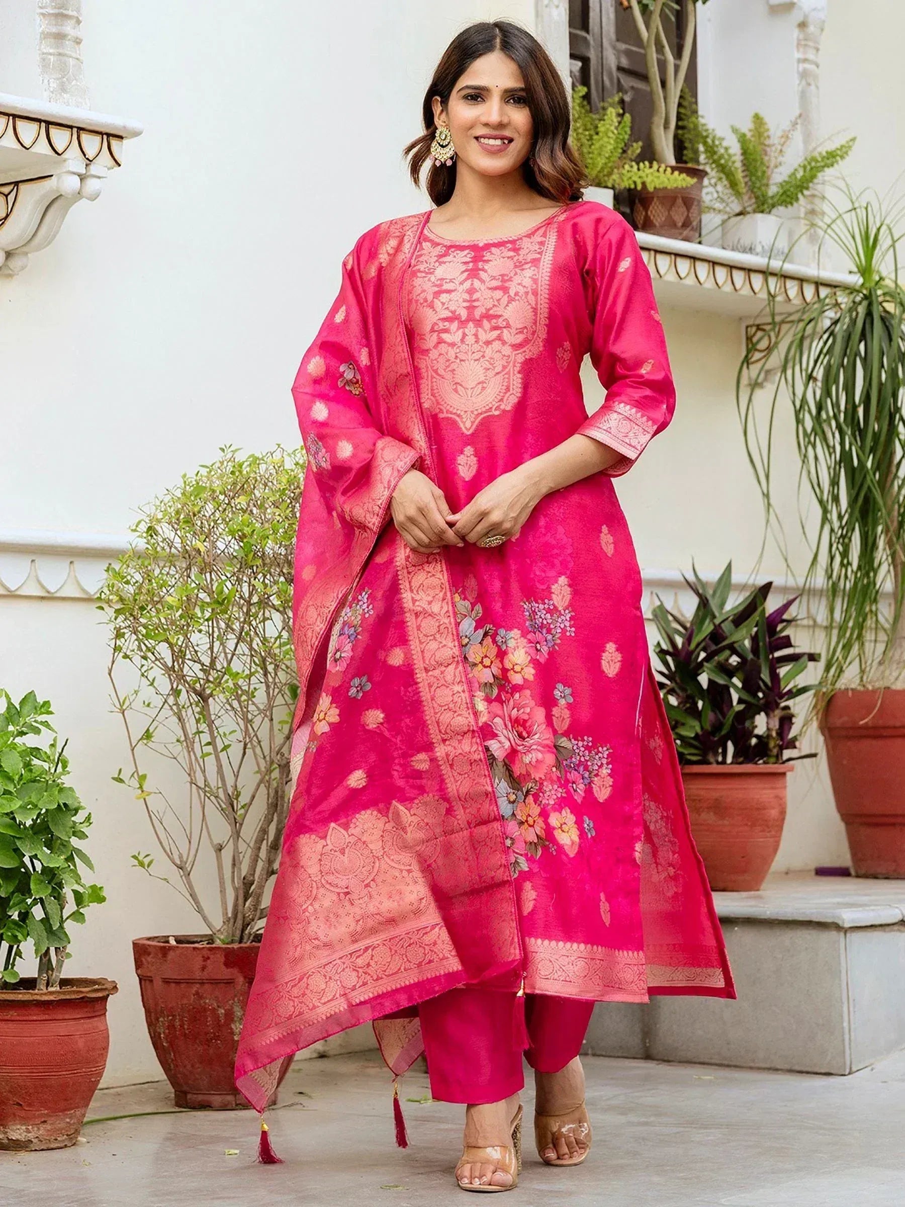 Pink floral embroidered salwar kameez with matching dupatta, ideal for ethnic occasions