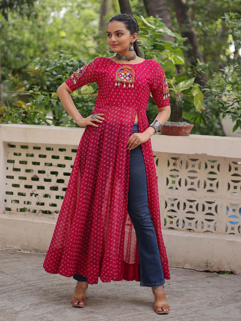 Feminine Pink Georgette Kutchi Work Festival Wear Slitted Kurti
