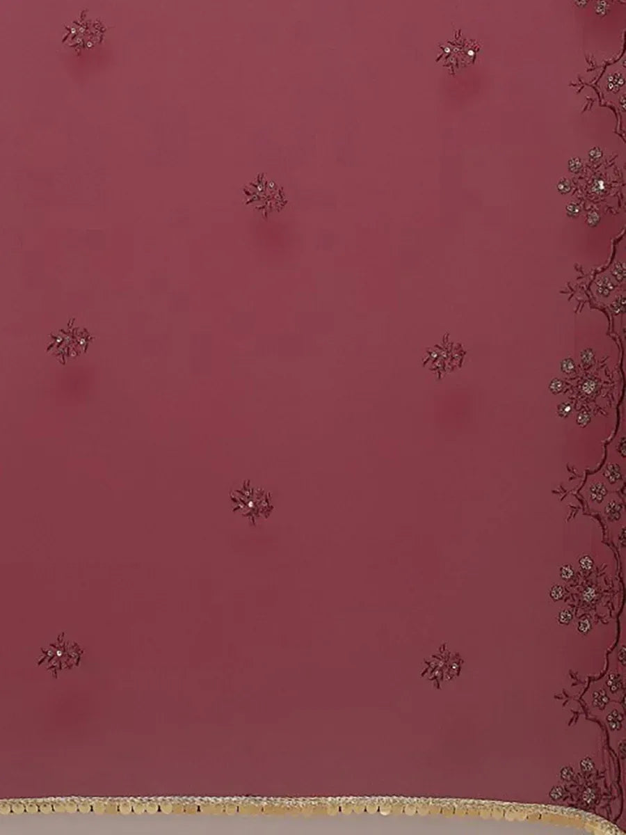 Maroon ethnic wear fabric with floral embroidery and sequin detailing, perfect for designer lehenga or saree