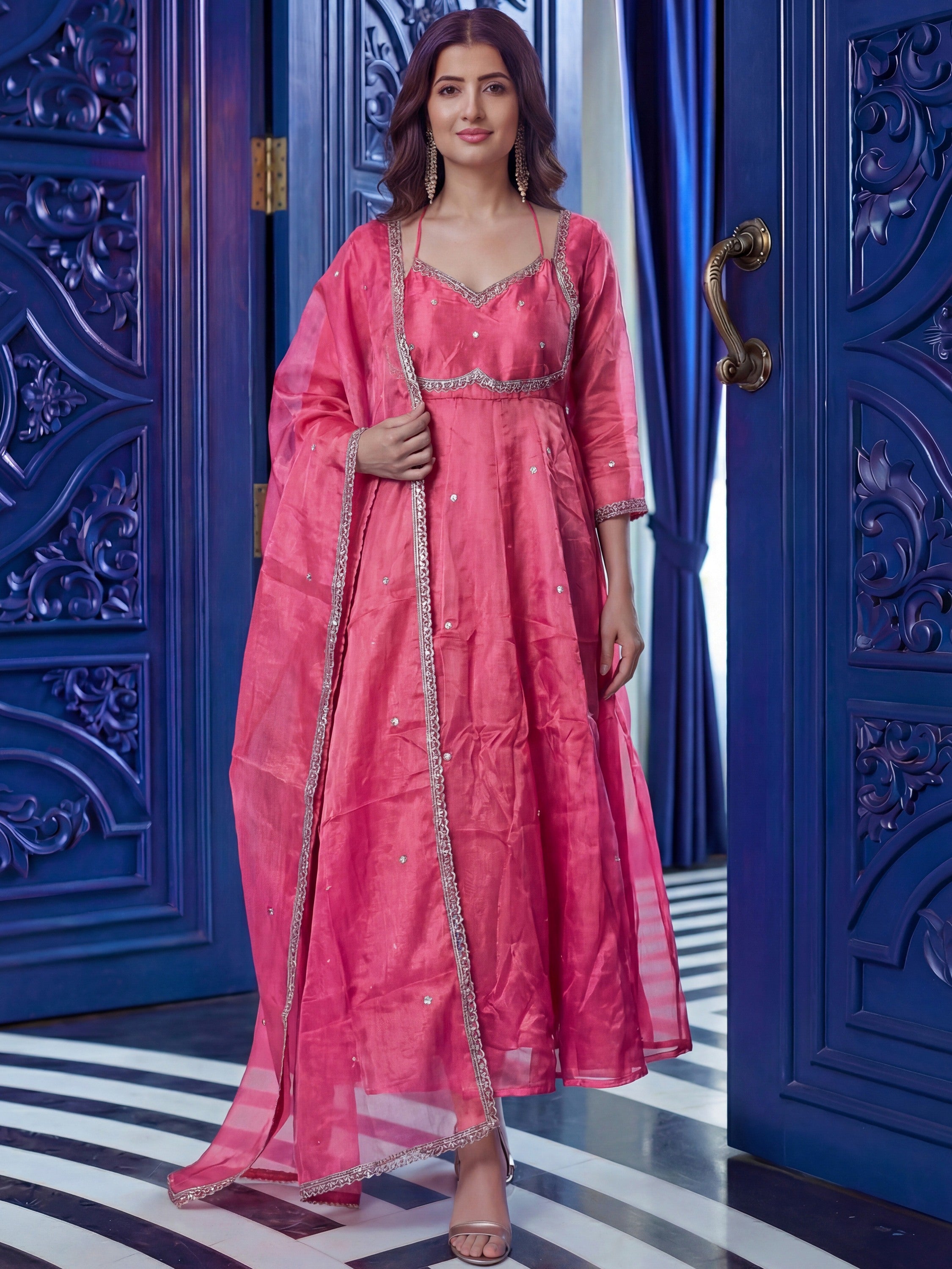 Incredible Pink Sequins Silk Festival Anarkali Gown With Dupatta