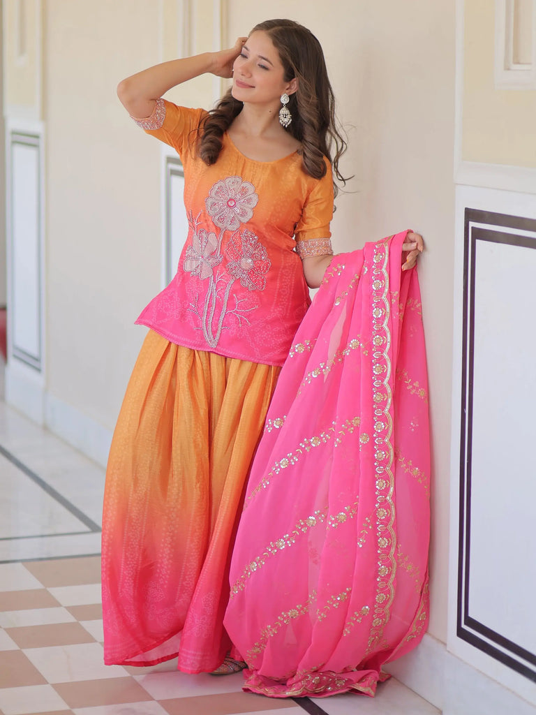 Feminine Pink Beads Embroidered Chinon Ombre Palazzo Suit