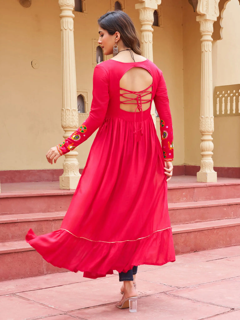 Regal Pink Rayon Gamthi Work Festival Wear Nayra Cut Kurti