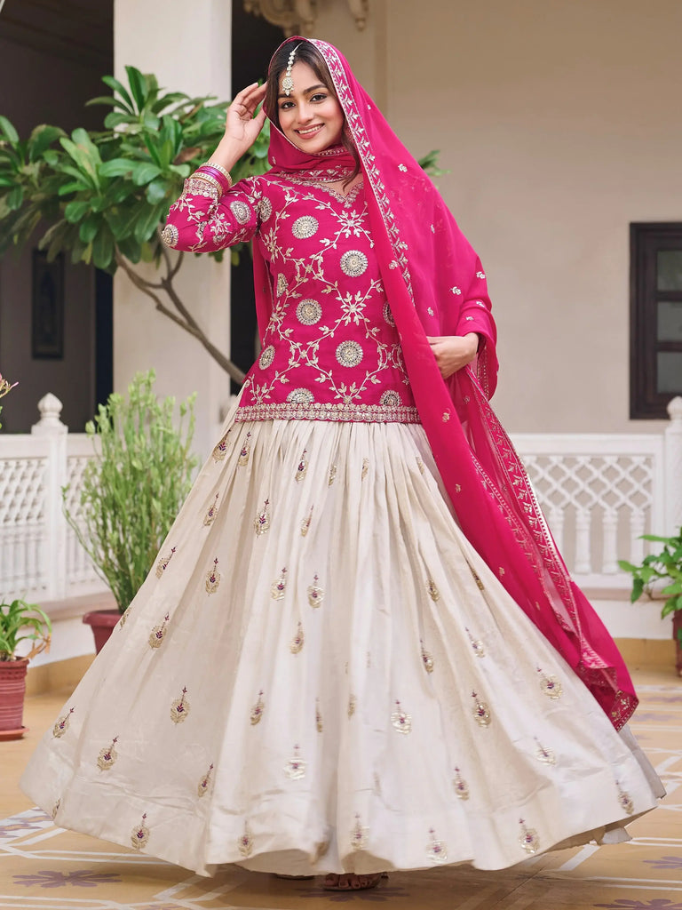 Stunning Pink Thread Embroidered Chinon Lehenga With Long Choli