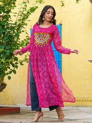 Wonderful Pink Georgette Kutchi Work Navratri Wear Kurti