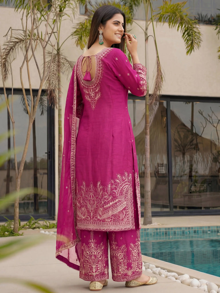 Outstanding Pink Embroidered Chinon Wedding Wear Palazzo Suit