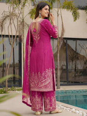 Outstanding Pink Embroidered Chinon Wedding Wear Palazzo Suit