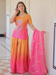 Feminine Pink Beads Embroidered Chinon Ombre Palazzo Suit