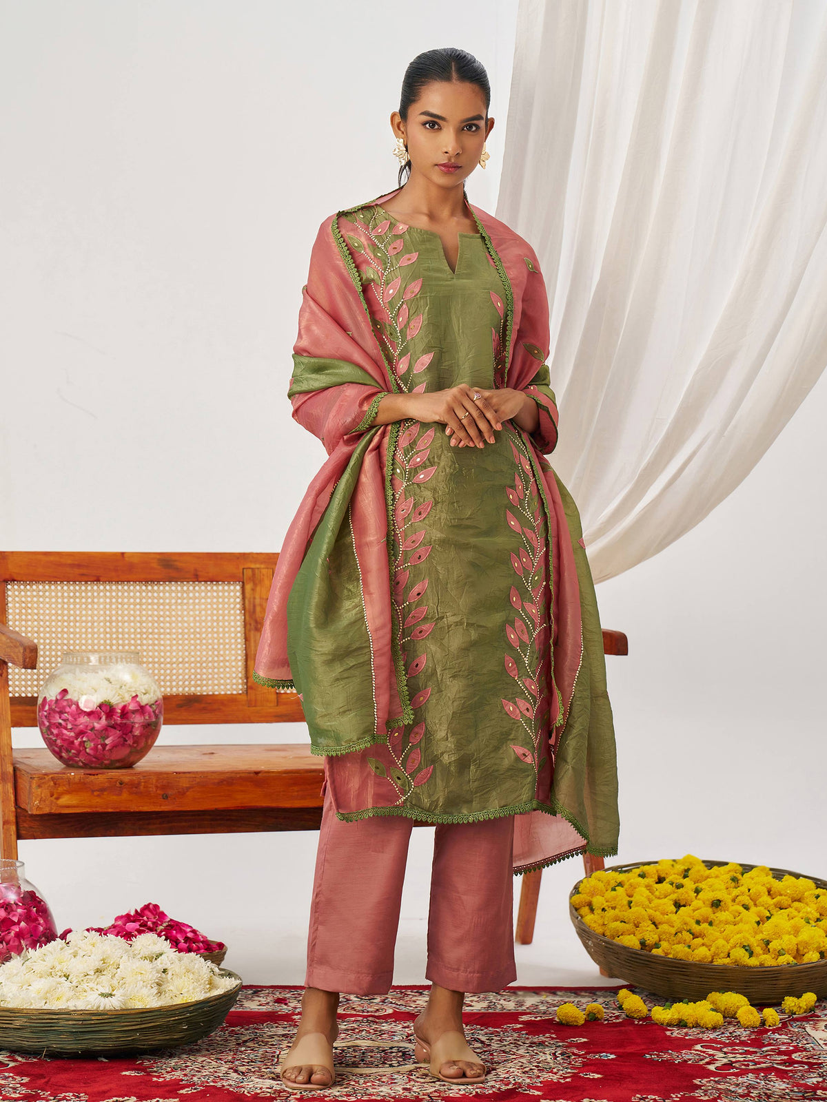 Gorgeous Pink Patch Work Organza Traditional Straight Suit